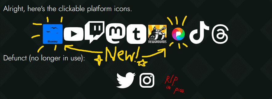 Screenshot showing off the newly added social media page hyperlink icons, more specifically: BlueSky Social and Pixelfed. Instagram has been moved to the 'Defunct' section next to Twitter (currently known as 'X').