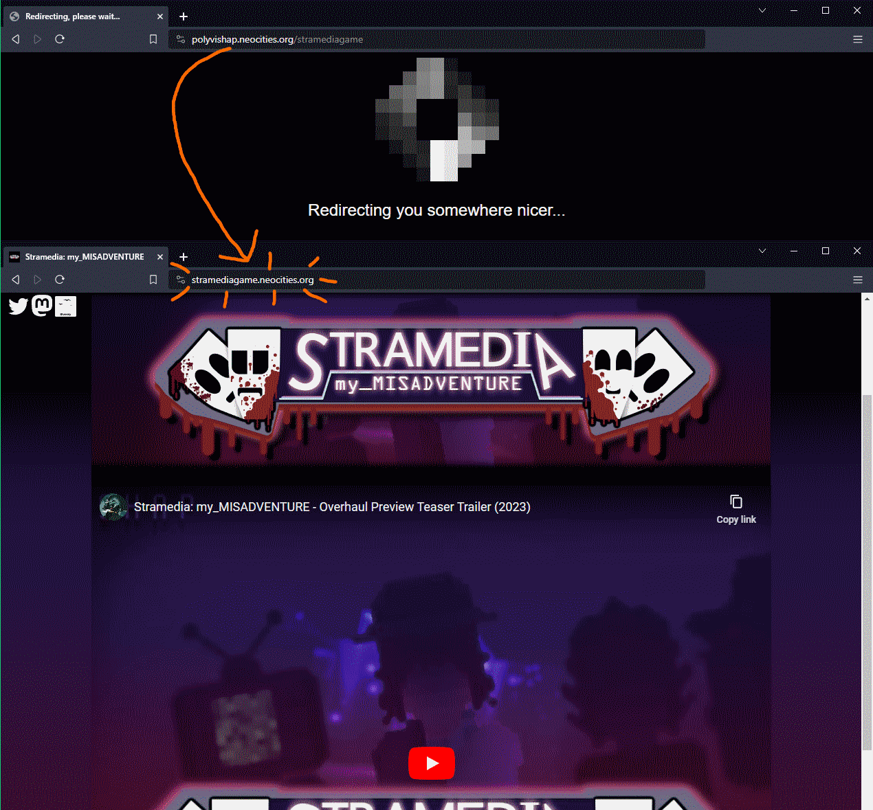 Screenshot showing off old Stramedia game webpage redirecting to a separate domain.